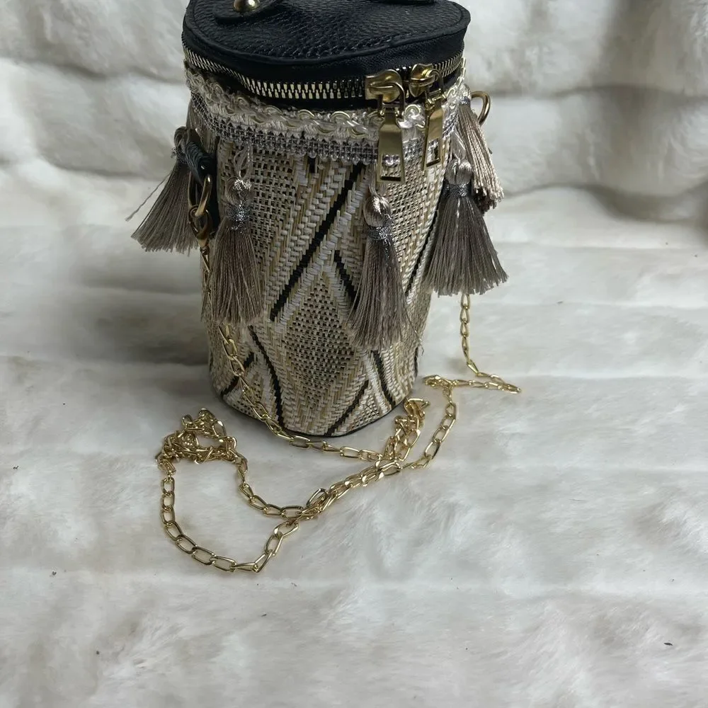 Mini tassels bucket bag beige ,brown and black with gold tone chain strap
